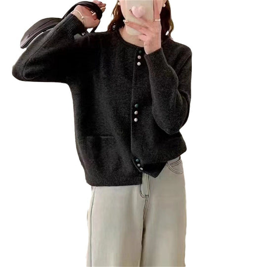 Damen gemütliche Strickjacke mit bunten Knöpfen und praktischen Taschen EB