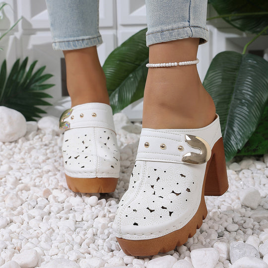 Damen modische Clogs mit perforiertem Design und elegantem Blockabsatz EB