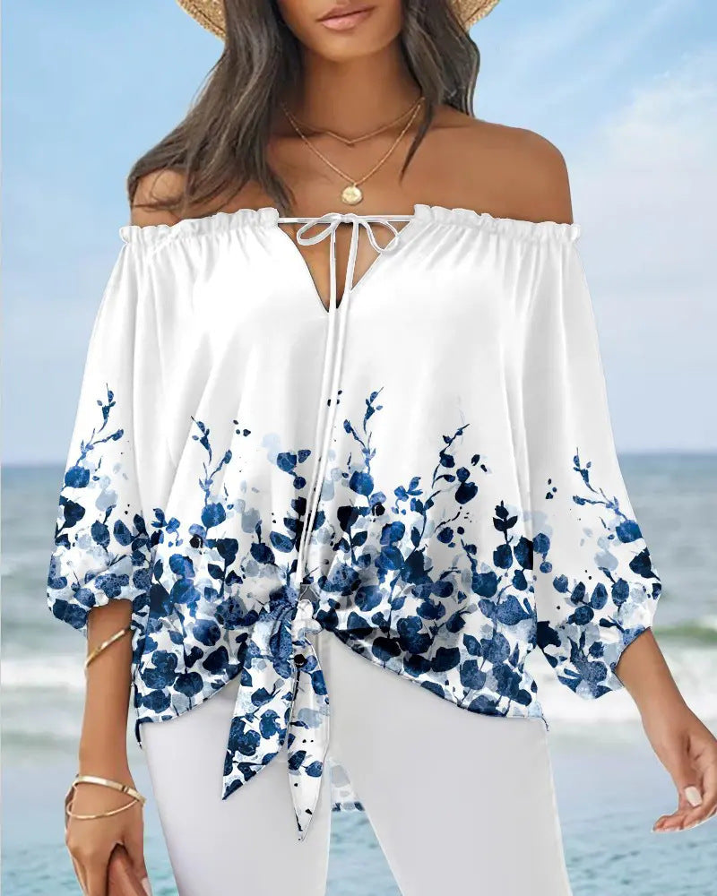 Damen Off-Shoulder Bluse mit floralem Design und Bindegürtel EB