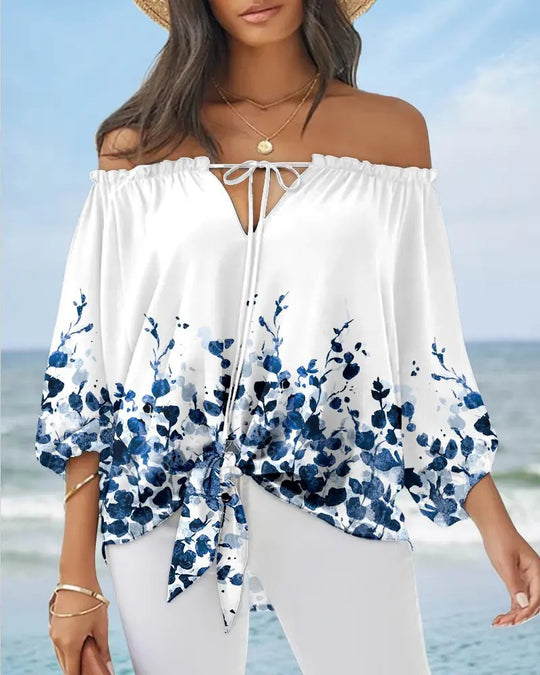 Damen Off-Shoulder Bluse mit floralem Design und Bindegürtel EB