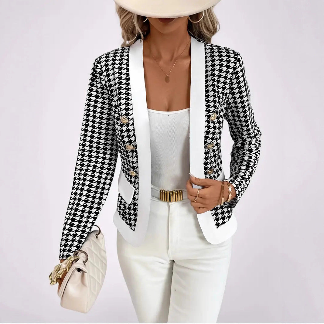 Damen Moderne Blazerjacke mit Hahnentrittmuster und eleganten Knöpfen EB