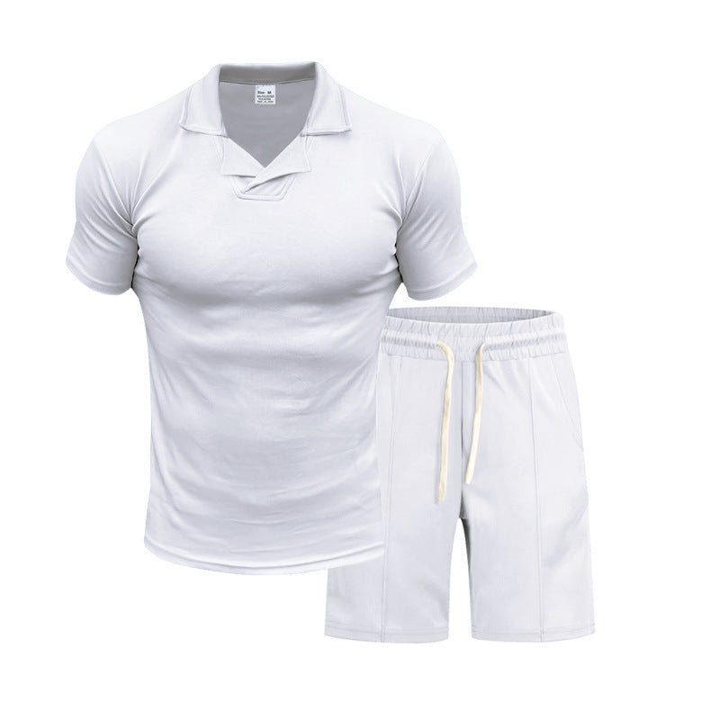 Herren nan kurzärmeliges Polo-Lounge-Set mit V-Einsatz am Kragen und Kordelzug-Bermuda EB