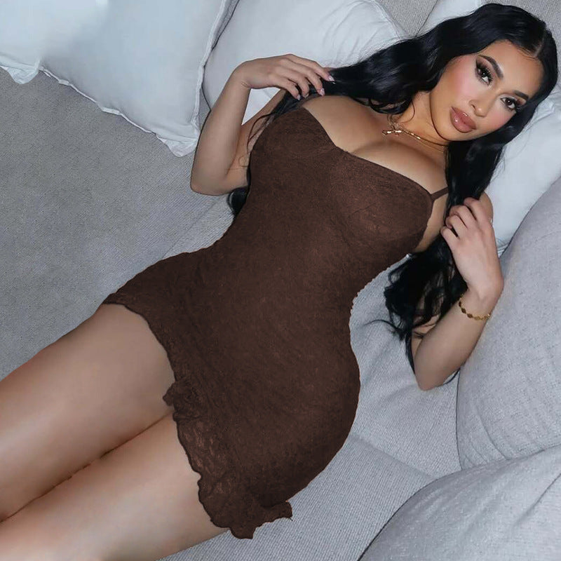 Damen figurbetontes Spitzenkleid mit verführerischem Bustier-Ausschnitt und dekorativem Saum EB