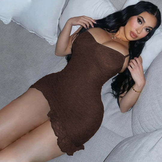 Damen figurbetontes Spitzenkleid mit verführerischem Bustier-Ausschnitt und dekorativem Saum EB