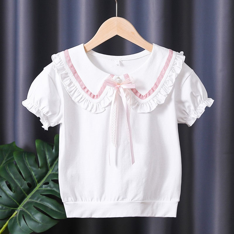 Mädchen T-Shirt mit rüschenverziertem Kragen und Schleifenakzenten EB