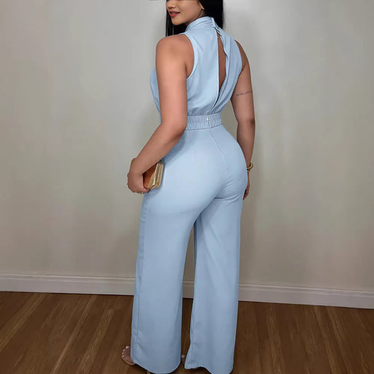 Damen eleganter Jumpsuit mit fließendem Schnitt und bindbarem Kragen EB