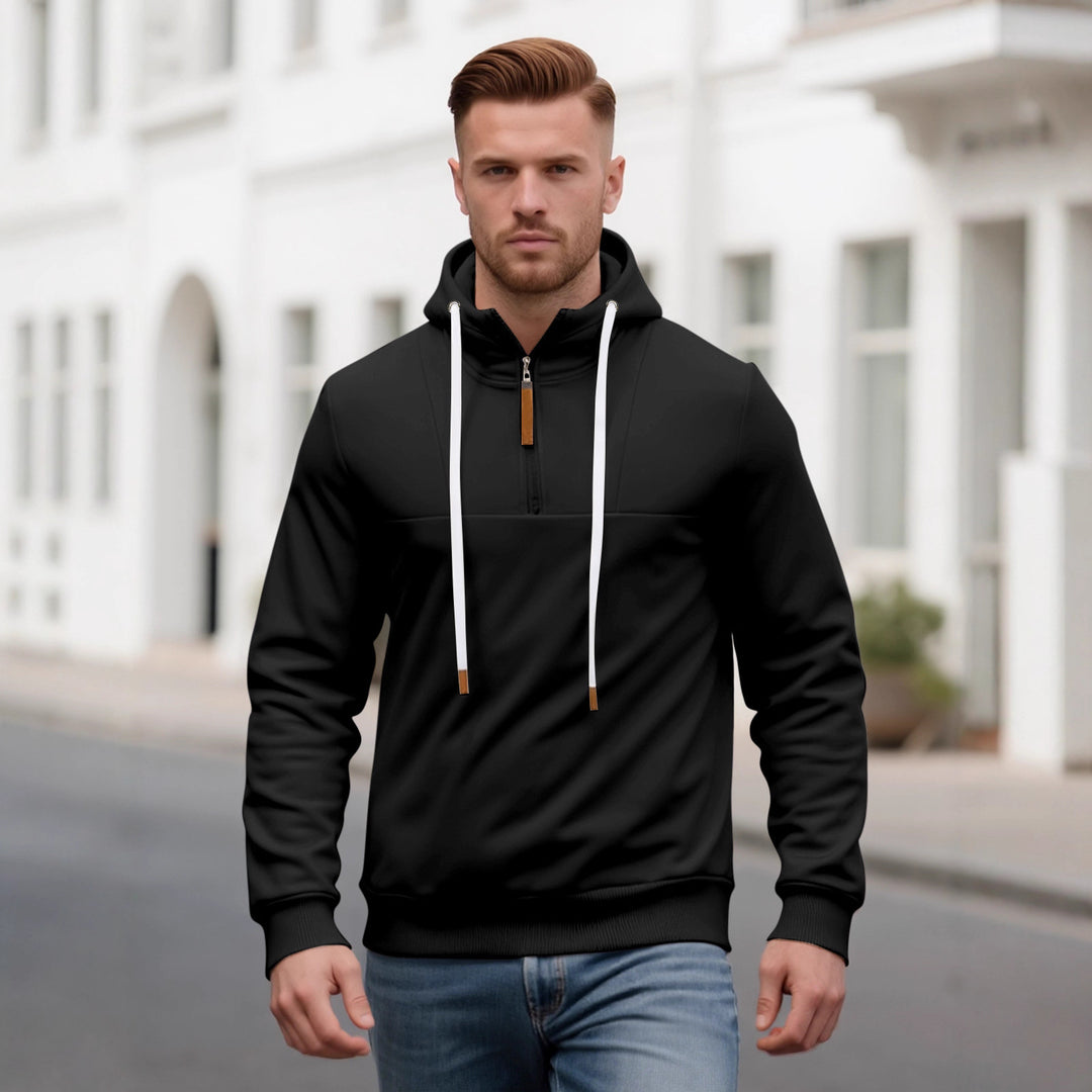 Herren Halbzip-Kapuzenpullover mit Stehkragen, Kordelzug und Lederdetails EB