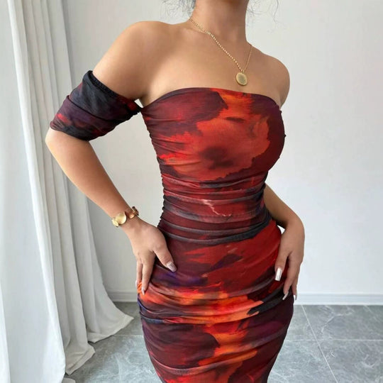 Damen elegantes Off-Shoulder Kleid mit raffinierten Rüschen EB