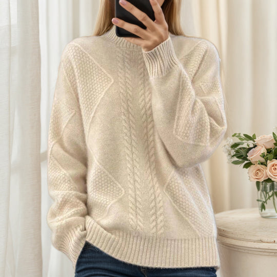 Damen nan strukturierter Oversize-Strickpullover mit Stehkragen und Rippbündchen EB