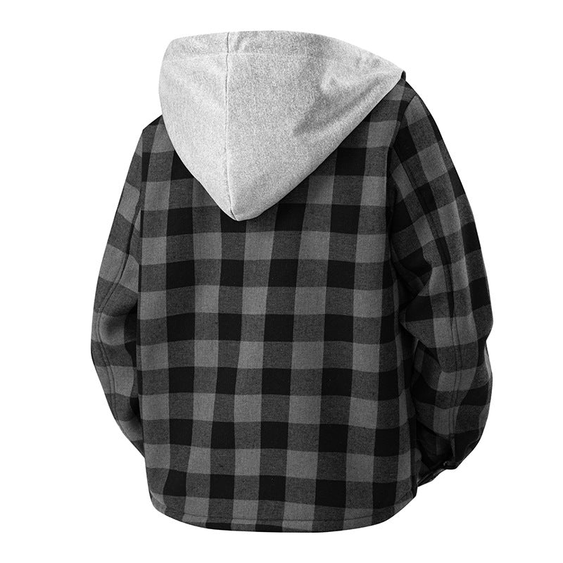 Herren kariertes Sherpa-gefüttertes Overshirt mit Kapuze, Brusttasche und Druckknopfverschluss EB