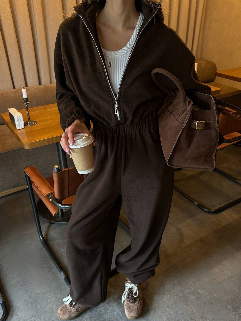 Damen Lässiger Fleece-Hausanzug mit Zip-Kapuze und elastischem Taillenbund EB