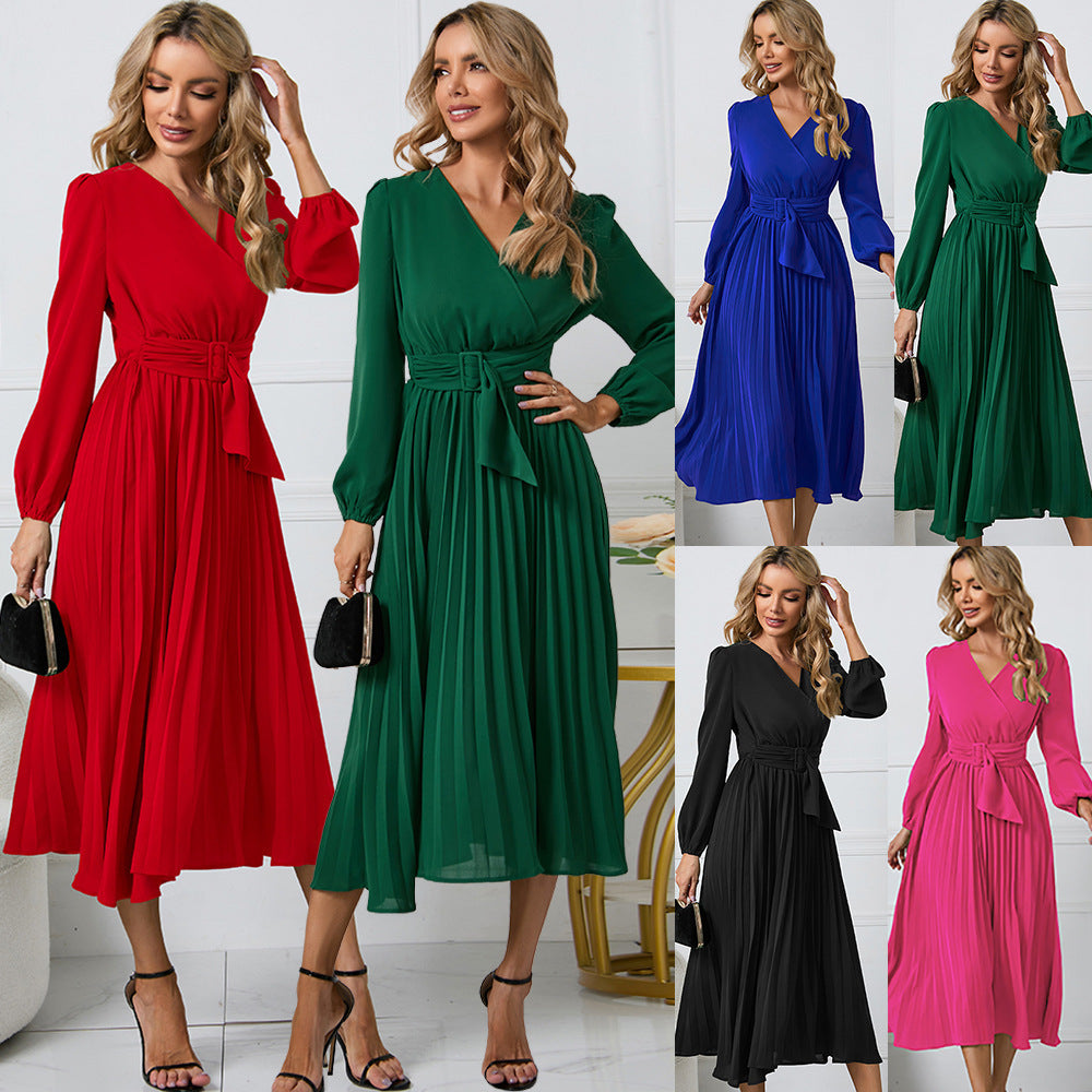 Damen Elegantes Wickelkleid mit dekorativen Falten und Taillengürtel EB