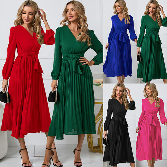 Damen Elegantes Wickelkleid mit dekorativen Falten und Taillengürtel EB