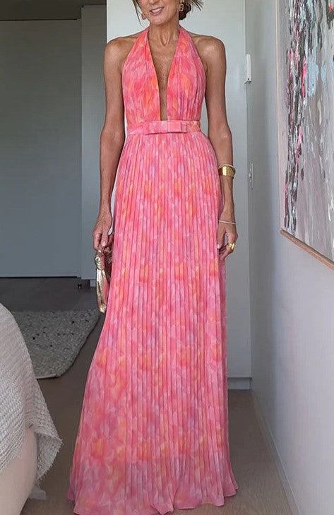 Damen Plissiertes Maxikleid mit tiefem Ausschnitt und elegantem Gürtel EB