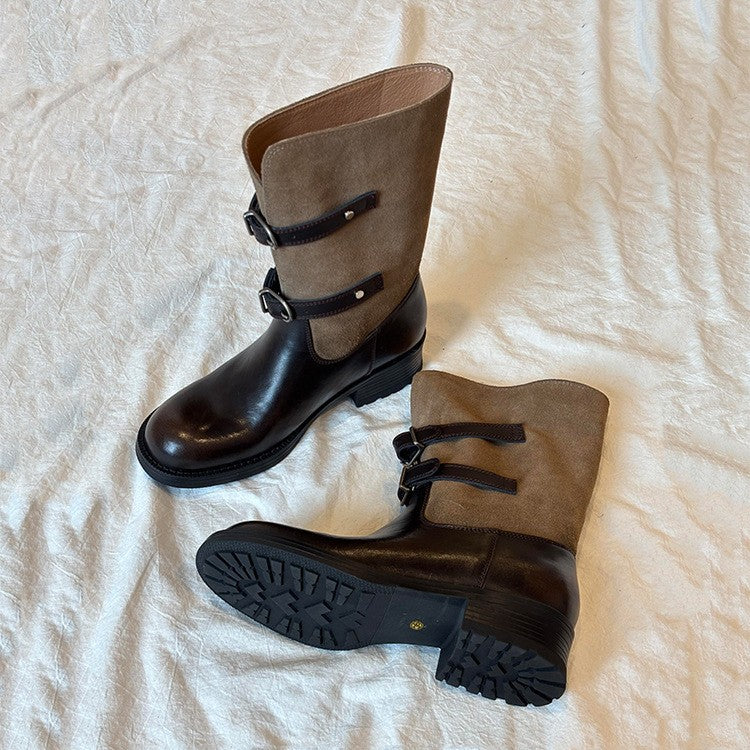 Damen Stiefel mit modischem Falten-Design und verstellbaren Schnallen EB