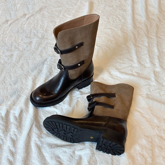 Damen Stiefel mit modischem Falten-Design und verstellbaren Schnallen EB