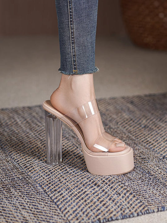 Damen transparente High Heel Mules mit höherem Blockabsatz EB
