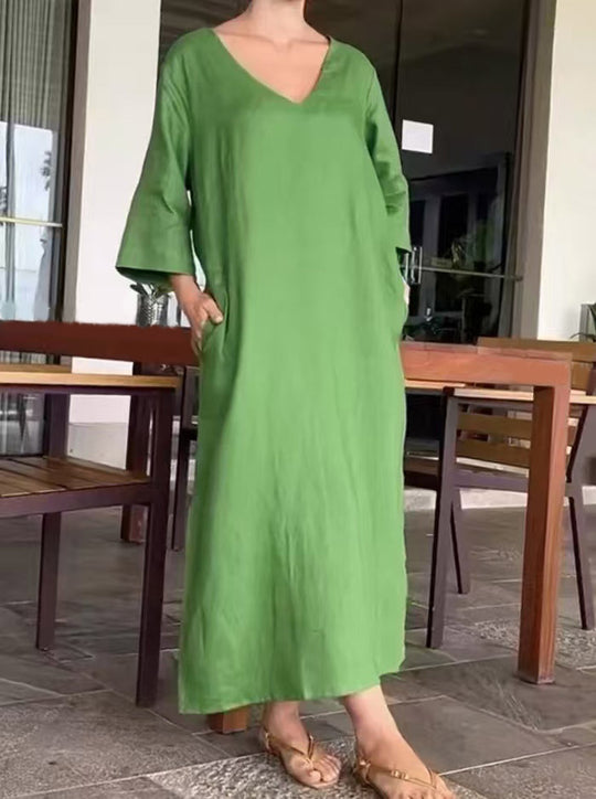 Damen luftiges Maxikleid aus atmungsaktiver Baumwolle mit V-Ausschnitt und praktischen Taschen EB