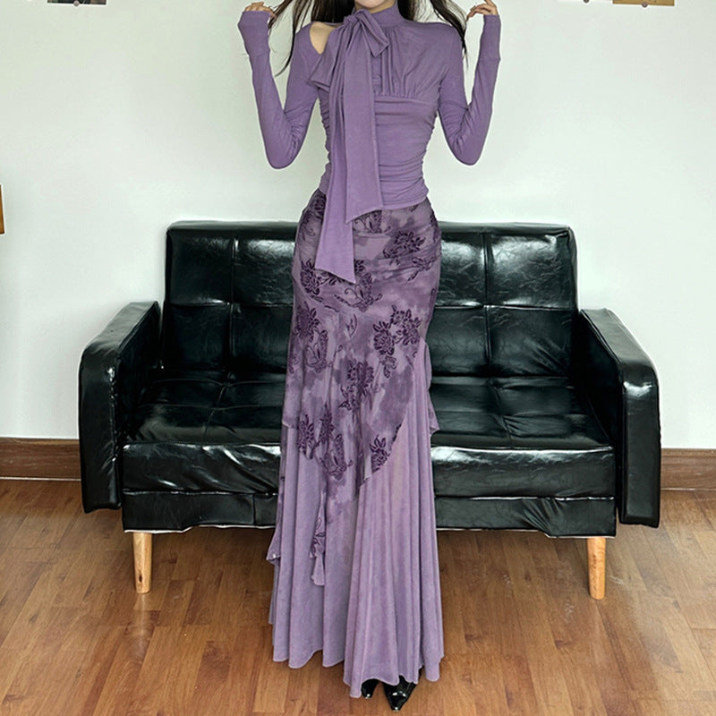 Damen eleganter asymmetrischer Maxirock mit floralen Verzierungen EB