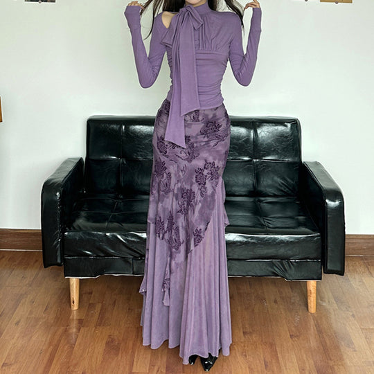 Damen eleganter asymmetrischer Maxirock mit floralen Verzierungen EB
