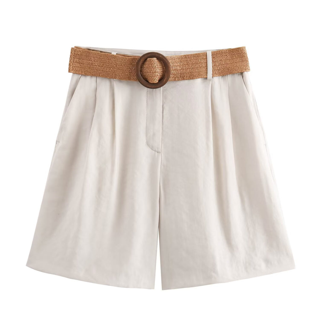Damen elegante Shorts mit breitem, geflochtenem Gürtel EB