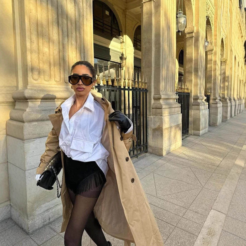 Damen stilvolle Trenchcoat mit praktischen Taschen und Gürtel EB