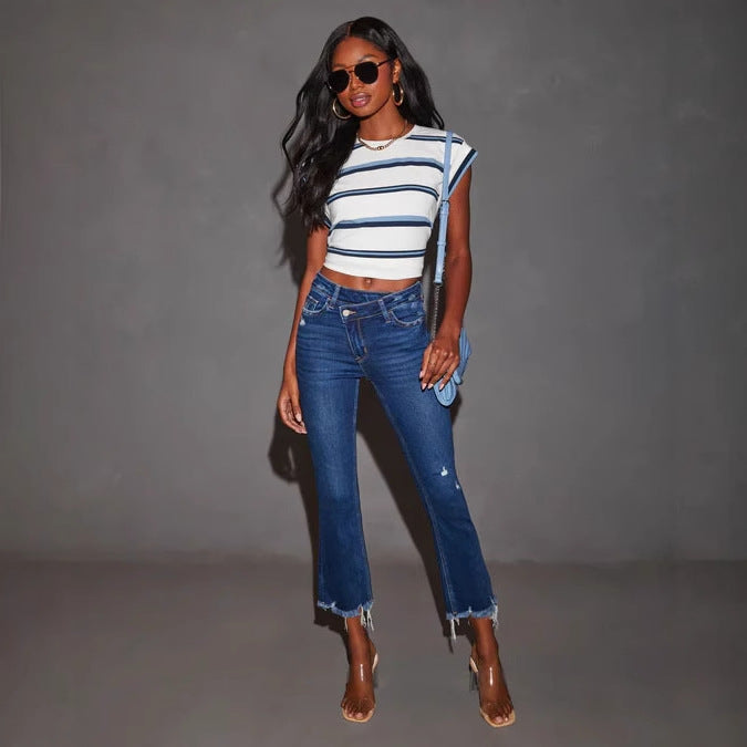 Damen Bootcut Jeans mit fransigem Saum und trendiger Waschung EB