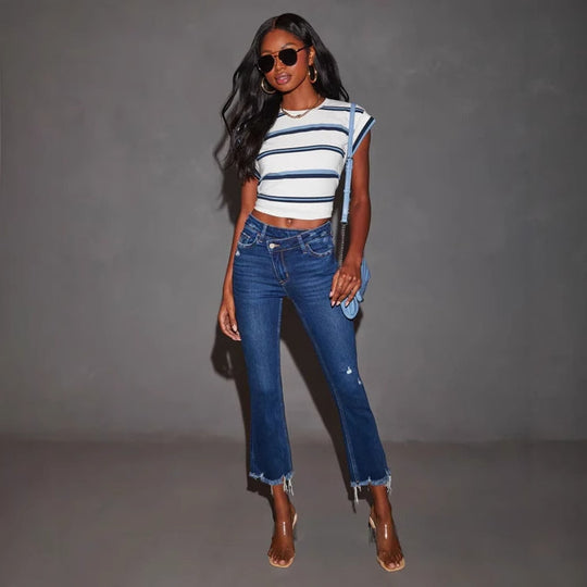 Damen Bootcut Jeans mit fransigem Saum und trendiger Waschung EB