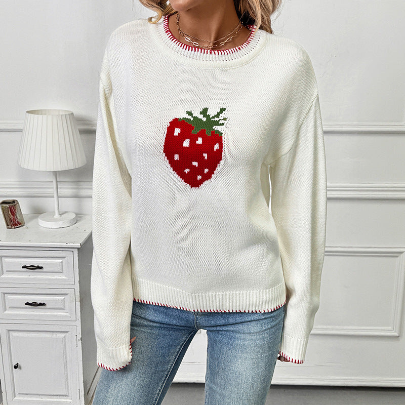 Damen Strickpullover mit fruchtigem Erdbeer-Motiv und lässigem Schnitt EB