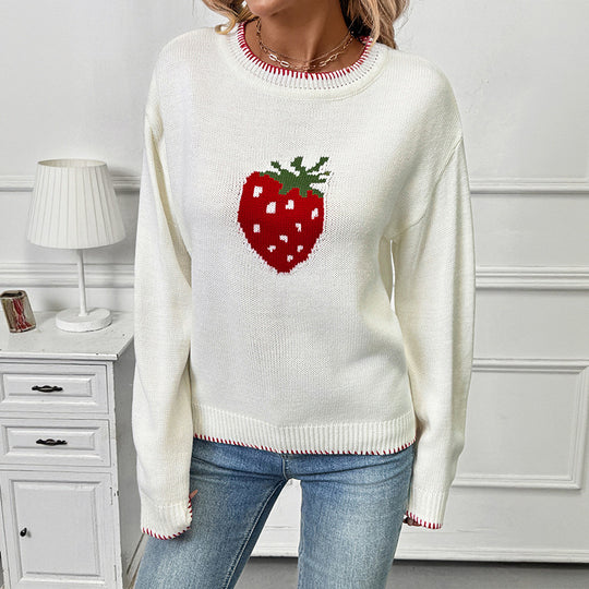 Damen Strickpullover mit fruchtigem Erdbeer-Motiv und lässigem Schnitt EB