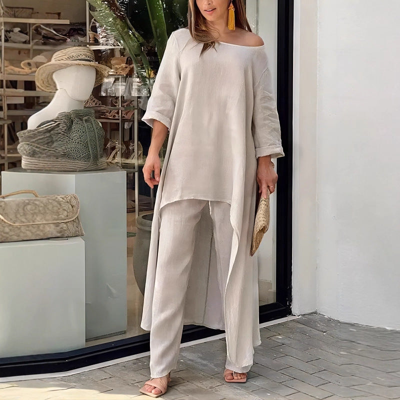 Damen nan weit geschnittenes Leinenzweiteiler Set mit asymmetrischer Tunika und lockeren Marlene-Hose EB