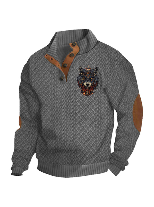 Herren nan Heritage-Strukturpullover mit Stehkragen Lederimitat-Besatz Ellenbogen-Patches und Halbknopfleiste EB