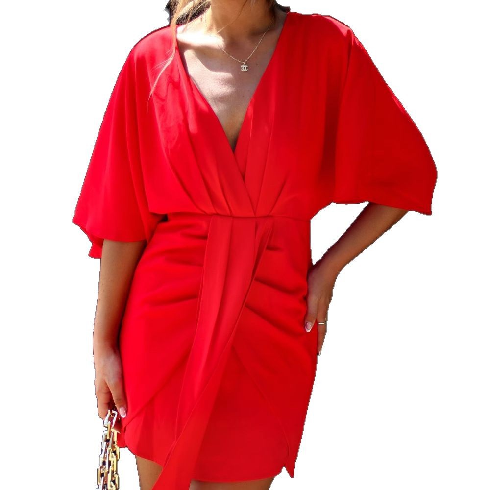 Damen Wickelkleid mit V-Ausschnitt und voluminösen Ärmeln EB