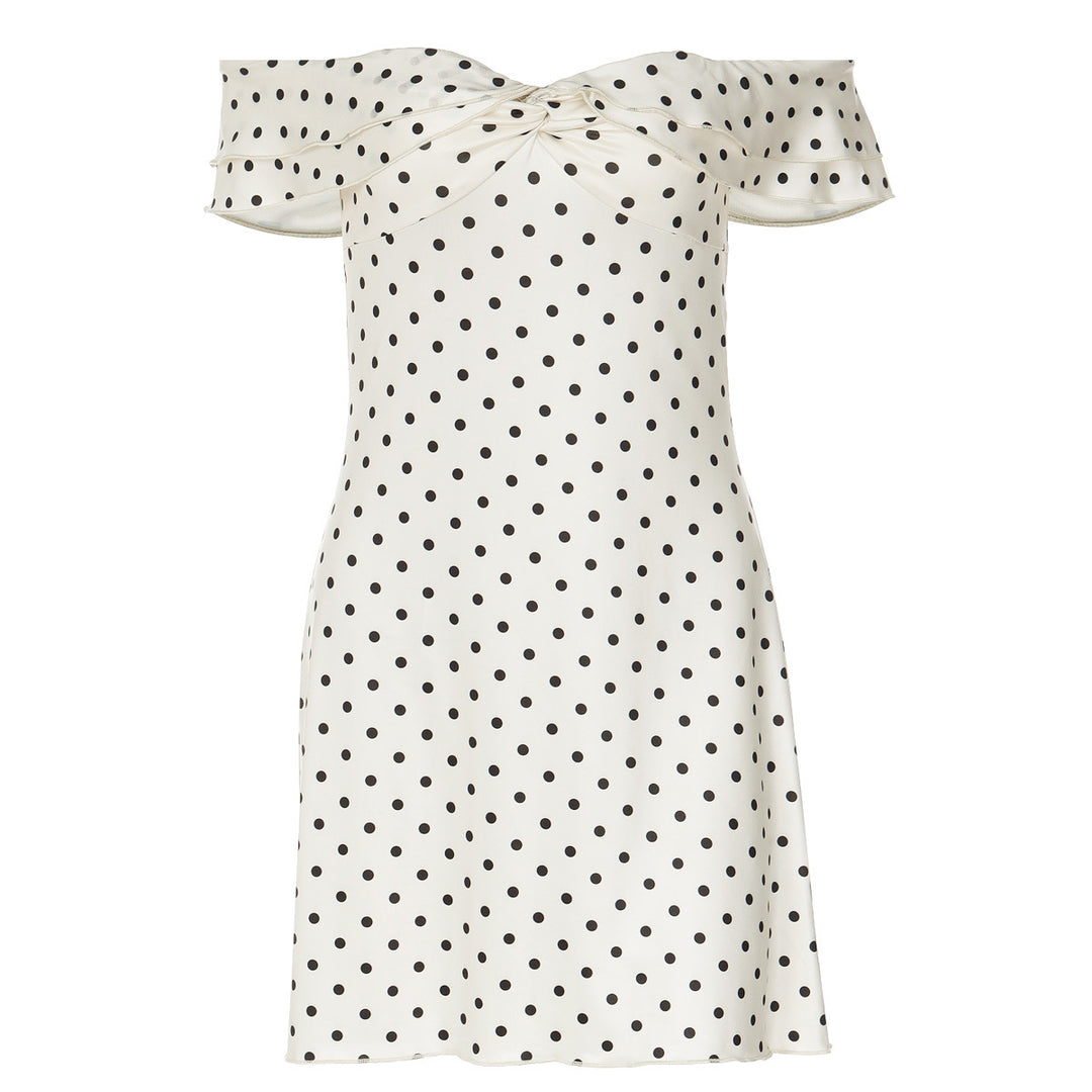 Damen Verspieltes Polka-Dot Cocktailkleid mit Schulterfreiem Design und Rüschendetails EB