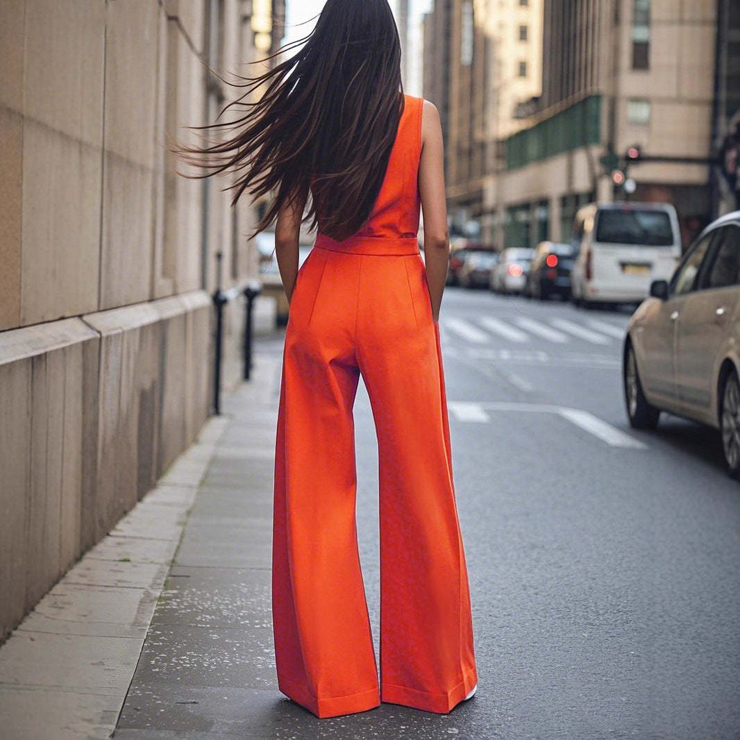 Damen Eleganter Jumpsuit mit schickem Kragen und Taillengürtel EB