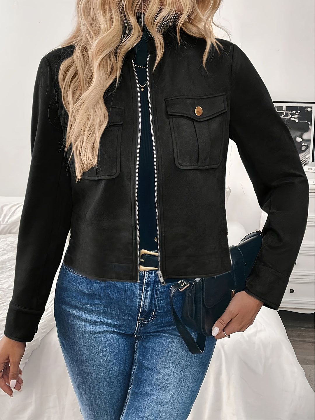 Damen modische Kurzjacke aus hochwertigem Kunstleder mit praktischen Taschen EB