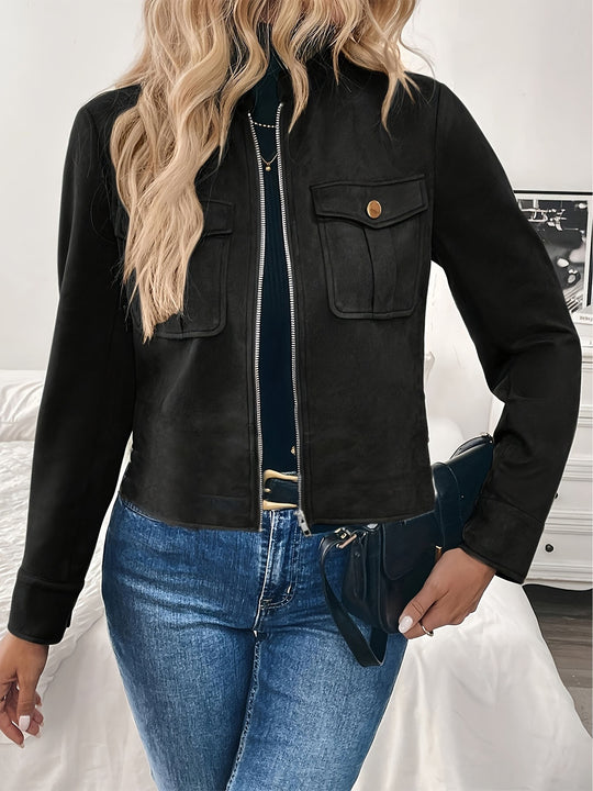 Damen modische Kurzjacke aus hochwertigem Kunstleder mit praktischen Taschen EB
