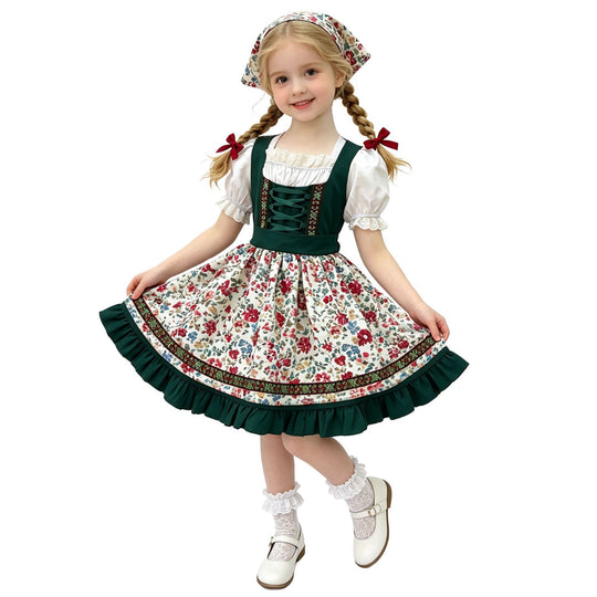 Damen nan traditionelles Kinderdirndl mit Schürze Haarband Spitzenbluse und Zierschnürung EB
