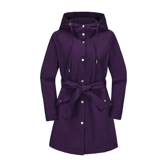 Damen wasserfeste Übergangsjacke mit verstellbarem Kapuzenkragen und Taillengürtel EB