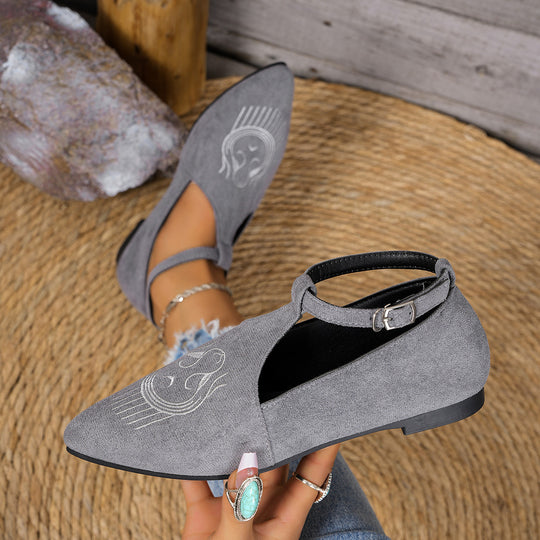Damen Flache Slingback-Pantoletten mit eleganter Schnallen-Applikation und kunstvollen Stickereien EB