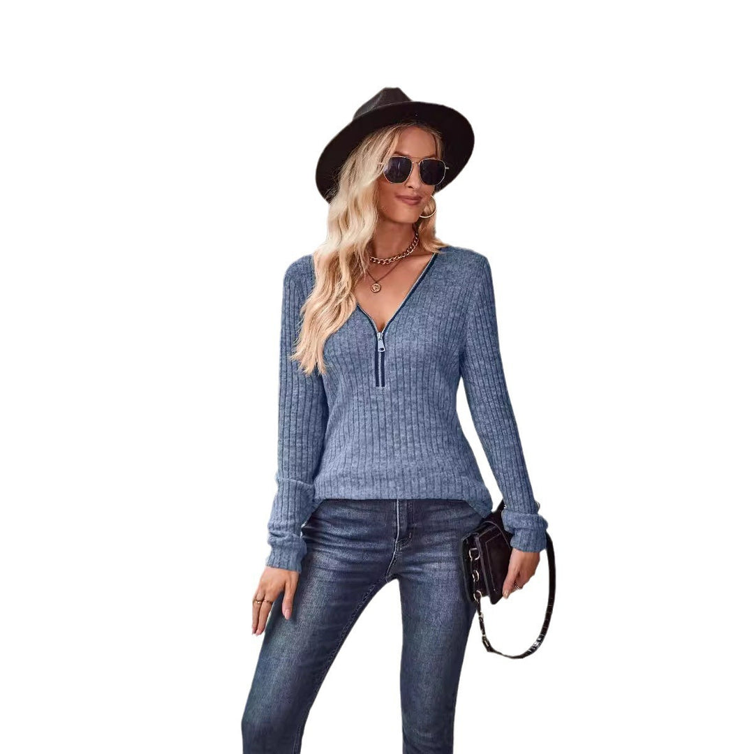 Damen Modischer Pullover mit teilbarem Reißverschluss und Rippstrick-Muster EB