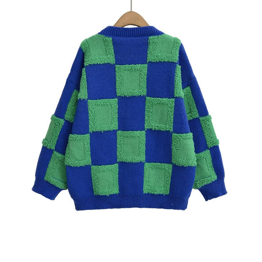 Damen modischer Strickpullover mit grafischem Blockmuster EB