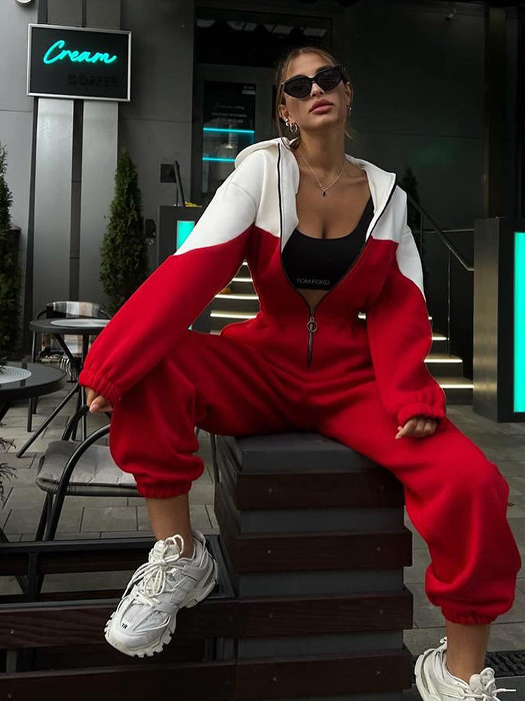 Damen nan zweiteiliges Crop-Zip-Hoodie und Highwaist Relaxhose mit weitem Bein EB