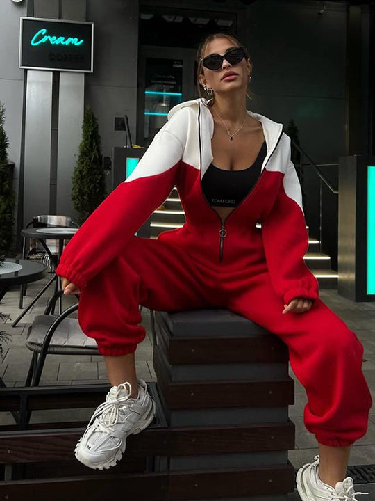 Damen nan zweiteiliges Crop-Zip-Hoodie und Highwaist Relaxhose mit weitem Bein EB