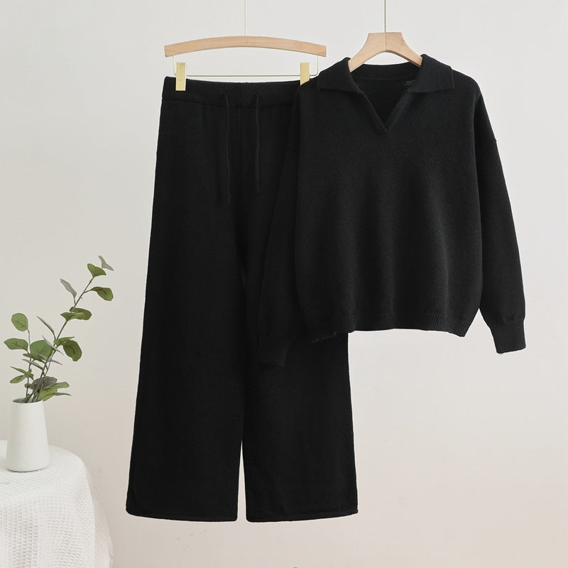 Damen gemütliches Strick-Loungewear-Set mit weit geschnittenem Pullover und Hose EB
