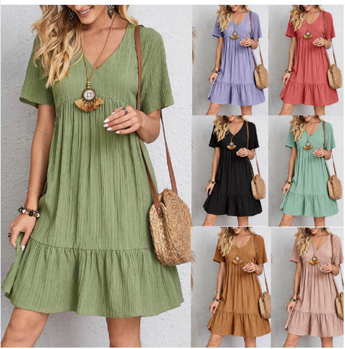 Damen Sommerliches Freizeitkleid mit V-Ausschnitt und Rüschensaum EB