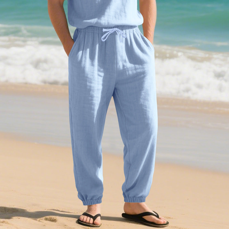 Herren nan leichte Leinenmix-Loungehose mit Tunnelzugbund, Seitentaschen und elastischen Beinabschlüssen EB