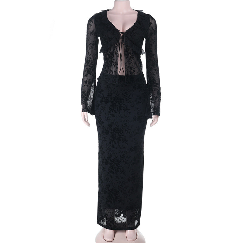 Damen Langarm Spitzenkleid mit Rüschendetails EB