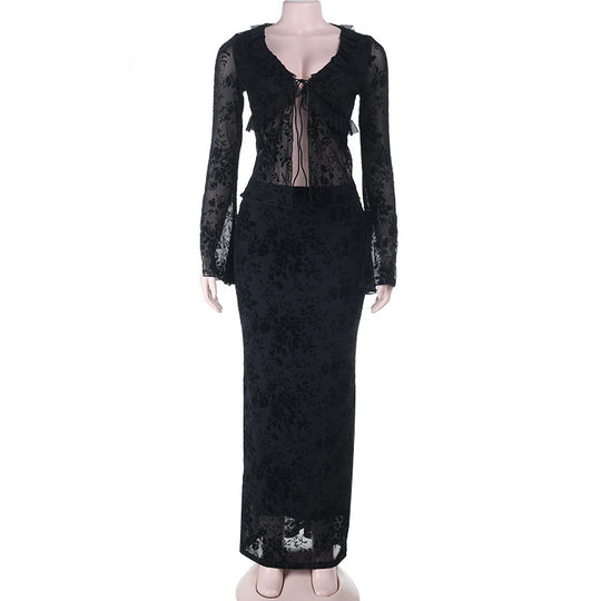 Damen Langarm Spitzenkleid mit Rüschendetails EB