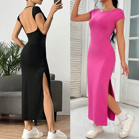 Damen figurbetontes Maxikleid mit seitlichem Schlitz und modernen Kurzärmeln EB